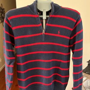 Polo Ralph Lauren Boys Size Large Half Zip Sweater Red Navy Stripe Cotton.